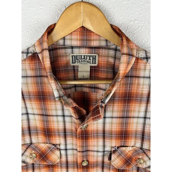 Duluth Trading Large Orange Plaid Long Sleeve Button Down Shirt - Picture 2 of 9